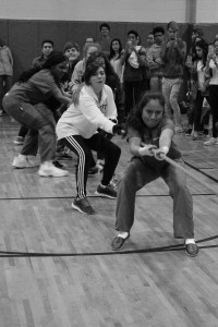 Above: Junior girls pull at the tug-o-war rope during b-lunch on March 10.